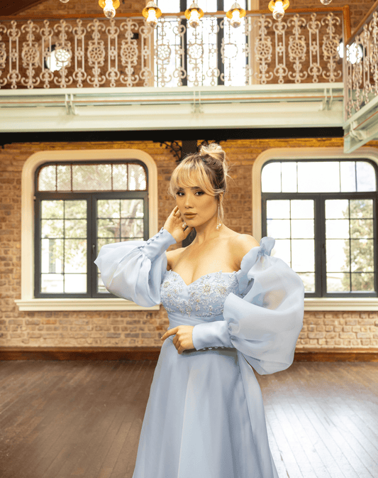 İşlemeli Göğüs Detaylı, Uzun Balon Kollu, Kloş Kesim Organze Gece Elbisesi