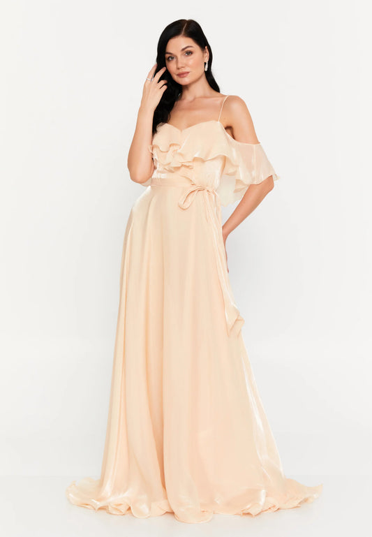 Omzu Açık Maksi Işıltılı Şifon Abiye Elbise