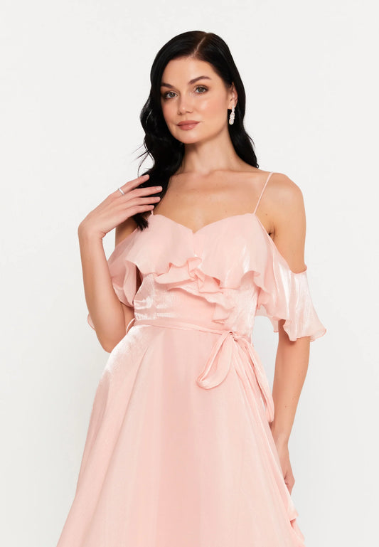 Omzu Açık Maksi Işıltılı Şifon Abiye Elbise